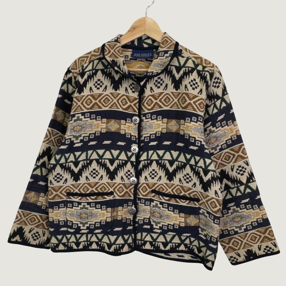 Jane Ashley Tapestry Jacket Large Multicolor Southwestern Aztec Boho Cotton Coat